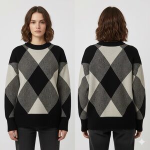INDUSTRY. Elegant Black and Gray Argyle Sweater
